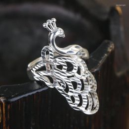 Cluster Rings High Quality S990 Sterling Silver Ring Women Luck Hollow Peacock Adjustable / 5.6g