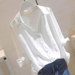 Women's Blouses Solid Colour Casual Top Medium Sleeved Loose Elegant Blouse For Women Sexy Cotton Linen V Neck Shirt Fashion 2023
