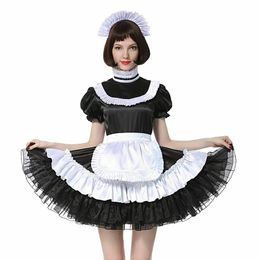 Sissy French Maid Lockable Black Satin Dress Costume Crossdress Pleated Style227c