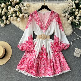 French retro court style positioning print dress summer haute couture waist closing slimming A-line short skirt