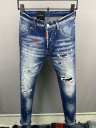 Men's Jeans 2023 Spring Denim Pants Slim Fit Small Feet Tiny Elastic Light Patch Cut Zipper Paint