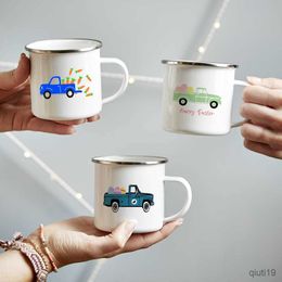 Mugs Happy Easter Creative Enamel Coffee Mugs Cartoon Truck Rabbit Egg Drink Juice Cups Outdoor Camping Travel Water Mug Easter Gifts R230713