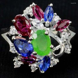 Cluster Rings 20x17mm Jazaz Luxury 4.3g Real Green Emerald Pink Sapphire Tanzanite For Women Engagement 925 Solid Sterling Silver