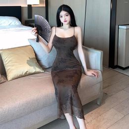 Casual Dresses Summer 2023 Women's Sexy Spicy Girl Slim High Waist Strap Mid Length Dress Printed Black Fashion Wrapped Hip D8X8