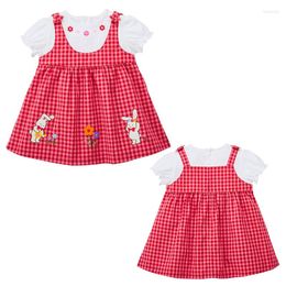 Girl Dresses Japanese Girls' Dress Cartoon Flower Embroidery Plaid Skirts Fake Two Piece Strap Baby Clothes Ropa Robes