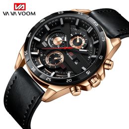 Men Military Style Sports Watches Fashion Hot Selling Leather 3Bar Waterproof Quartz Calendar Clock's Black Dial Mens Wristwatch