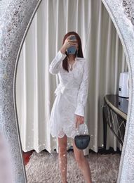 New Self Portrait White Cotton Exquisite Embroidery Long Sleeve Small Polo Collar Underlay Dress Style 2 Piece Set