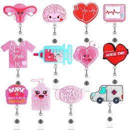 10 Pcs/Lot Custom Key Rings Medical Series Pink Nursing Acrylic Glitter Plastic Scrub Life Badge Reel For Nurse Doctor Accessories Badge Holder