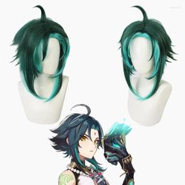 Party Supplies Game Genshin Impact Xiao Cosplay Wig Mixed Dark Green Blue Short Heat Resistant Synthetic Hair Halloween Role Play Wigs Cap