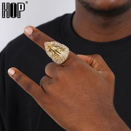 Wedding Rings HIP Hop Micro Pave Iced Out Bling Lion Head Mens Ring IP Gold Plated Stainless Steel Rings for Men Jewelry 230712