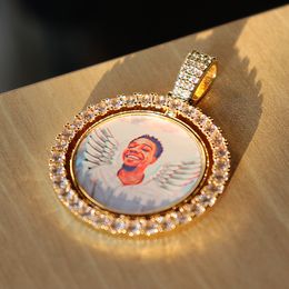 Pendant Necklaces D Z Custom Made P o Rotating double sided Medallions Micro Paved CZ Round Collier For Men Women Accessories 230712