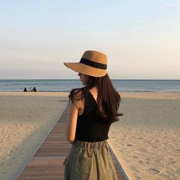 Wide Brim Hats Side Female Casual Hat Lady Classic Flat Bowknot Straw Sun Women Fedora Summer Women's Boater Beach