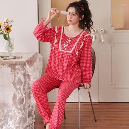 Women's Sleepwear Big Yards M-4XL Women Pyjamas Set Spring And Autumn Long-Sleeve Female Plaid Home Suit