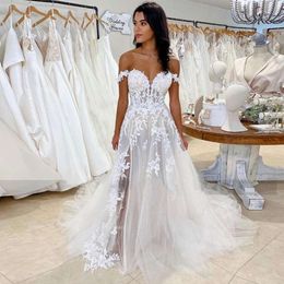 White Side Split Off the Shoulder Wedding Bridal Dresses Lace Appliques A Line Bride Gown Sweetheart Illusion Boho Vestido de Mariee