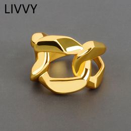 LIVVY Silver Color Cross Irregular Hollow Geometric Chain Rings Female Retro Fashion Handmade Exquisite Jewelry Adjustable