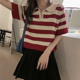 T-Shirt summer clothing 2021 polo stripe short sleeved cut top casual T-shirt Women's retro Korean fashion G220612