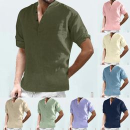 Men's Casual Shirts Shirt Pack Men S Long Sleeve Male Solid Top Stand Collar Blouse Button Roll Up Tops Short