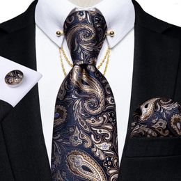 Bow Ties Luxury Blue Brown Paisley Silk For Men 8cm Men's Wedding Neck Tie Pocket Square Cufflinks Set Collar Pin With Chain Gift