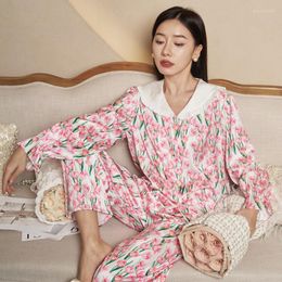 Women's Sleepwear Jxgarb 2023 Spring Autumn Satin Pyjamas Sets For Women Royal Like Silk Femme Pijamas Big Collar Floral Ladies PJS