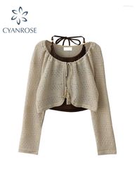 Women's T Shirts Long Sleeve Knitted T-shirt Harajuku Korean Y2k Sexy Halter Camisole Top Fashion Vintage Two Piece Set Suits 2023 Summer