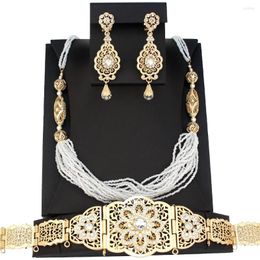 Necklace Earrings Set Sunspicems Algeria Morocco Bride Wedding For Women 18K Gold Color Caftan Belt Chain Beads Flower Earring