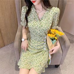 Party Dresses Floral Dress Women 2023 Summer Puff Sleeve Small Daisy French Vintage Green Short Skirt V Neck Punk Rave For