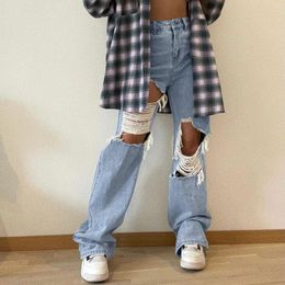 Women's Jeans Streetwear Long Pants Denim High Waist Trousers Loose Hole Daily Life 90s Vintage Clothes