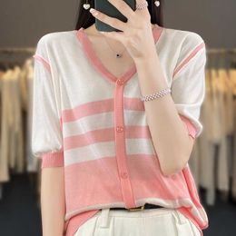 T-Shirt Summer Thin Ice Silk Colour Matching Striped Knitted Short Sleeve Women's V-Neck Button T-shirt Korean Fake Two Piece Unique Top G220612