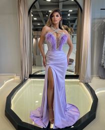 Stylish Mermaid Prom Dresses Sexy Sleeveless V Neck Appliques Sequins Beaded Floor Length D Lace Side Slit Purple Evening Dress Satin Feather Plus Size Custom