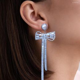 Dangle Earrings Missvikki Charm Long Bowknot Pendant 2023 Luxury Trendy Full Mirco Paved Crystal Zircon Dubai Wedding Jewelry