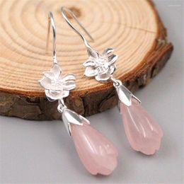 Dangle Earrings Vintage S925 Sterling Silver Drop Flower Pink Crystal Woman Ear Jewelry