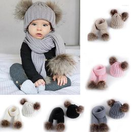 Berets Winter Thick Warm Baby Hat Set Scarf For Boy Girl Cute Double Pompom Kids Children Beanie Scarves Boys Girls