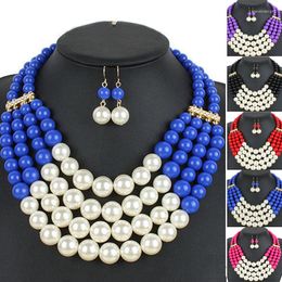 Necklace Earrings Set Fashion Multilayer Colour Pearl Short For Women Clavicle Chain Neclace And Jewellery Wedding Clothing Accessories