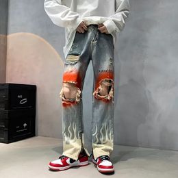 Streetwear Vintage Ripped Jeans Women's Summer High Waisted Hip Hop Zipper Slit Baggy Pants Retro Straight Casual Denim