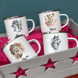 Mugs Personalised Name Animal Print Coffee Cup for Women Gift Custom Camping Mug Cute Deer Lion with Name Enamel Gifts for Kid R230713