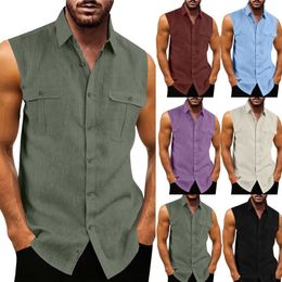 Men's Tank Tops Summer Top Shirt Men Turn Down Collar Sleeveless Shirts Pocket Imitation Linen Slim Fit For Streetwear 230713