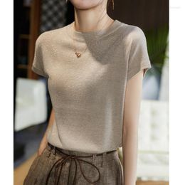 Women's Blouses 2023 Summer Short Sleeve Knitted Shirt Women Solid Office Lady Casual Blouse Korean Shiny Slim Knit Tops Elegant 27212