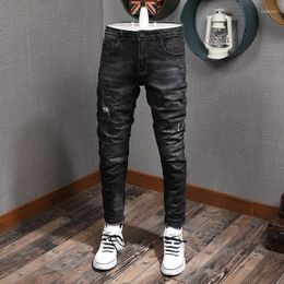 Men's Jeans Streetwear Fashion Men Retro Black Grey Elastic Slim Fit Ripped Korean Vintage Casual Denim Pencil Pants Hombre