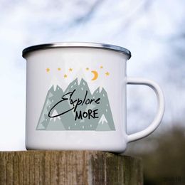 Mugs Enamel Coffee Mugs Hand Drawn Adventure s Collection Camping Enamel Mug Adventure Campfire Party Beer Coffee Cups R230713