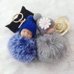 Keychains Key Chain Sleeping Baby Doll Keychain Flower Pompom Fur Ball Keyring Fluffy Car Bag Holder Pendant Charm Jewelery