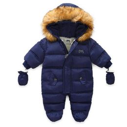 Baby Romper Jumpsuit Fur Hood Girl Boy Snowsuit Russian Winter Infant Outerwear Ovealls Thick Rompers with Gloves225k