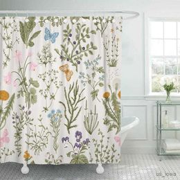 Shower Curtains Flora Vintage Floral Pattern Herbs and Wild Flowers Botanical Engraving Styorful Victorian Boho Shower Curtain Waterproof