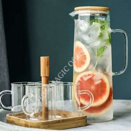 Water Bottles 17L Glass Pitcher with Handle Bamboo Lid Heat Resisttant Cold Kettle Largecapacity Tea Juice Jug Cups 230714