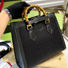 Bamboo Joint Handle Totes Bag Large Capacity Shopping Bags Full Rhinestone Designer Handbag Cowhide Genuine Leather Shoulder Purse Pouch