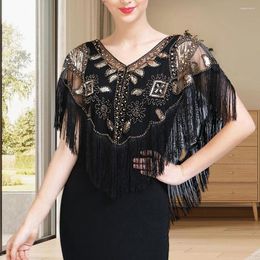 Scarves Thin Evening Dress Cape 1920s Women's Sequined Shawl Tassel Fringe Beaded Faux Pearl Sheer Mesh Wrap V Neck See-through