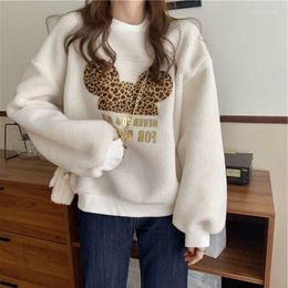 Women's Hoodies Cute Leopard Bear Long Sleeves Thicken Lamb Wool Loose Pullover Wholesale 2023 Winter Fashion Female Clothes