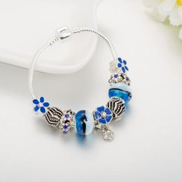 Charm Bracelets Design Flower Pendants Bracelet Homme Royal Blue Glass Beads For Women DIY Fashion Jewellery Pulseras Mujer