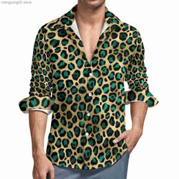 Men's Casual Shirts Teal And Gold Leopard Casual Shirt Man Spots Print Shirt Autumn Street Style Blouses Long Sleeve Print Oversize Clothing T230714