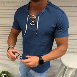 Men's T-Shirts Vintage Ripped V Neck Drawstring Pure Color T Shirt Men Casual Loose Short Sleeve Tie-up Pullover 2023 Spring Summer Men Clothes L230713