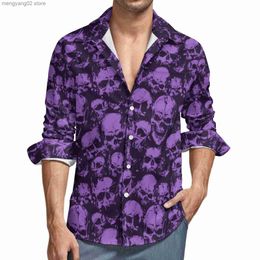 Men's Casual Shirts Purple Skull Shirt Men Halloween Print Casual Shirts Autumn Harajuku Custom Blouses Long Sleeve Fashion Oversized Clothing Gift T230714